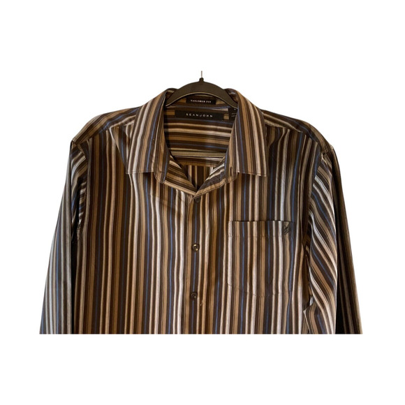 Sean John Men's XL Brown Tan Blue Shirt Striped Long Sleeve Tailored Fit Fall - Picture 7 of 9